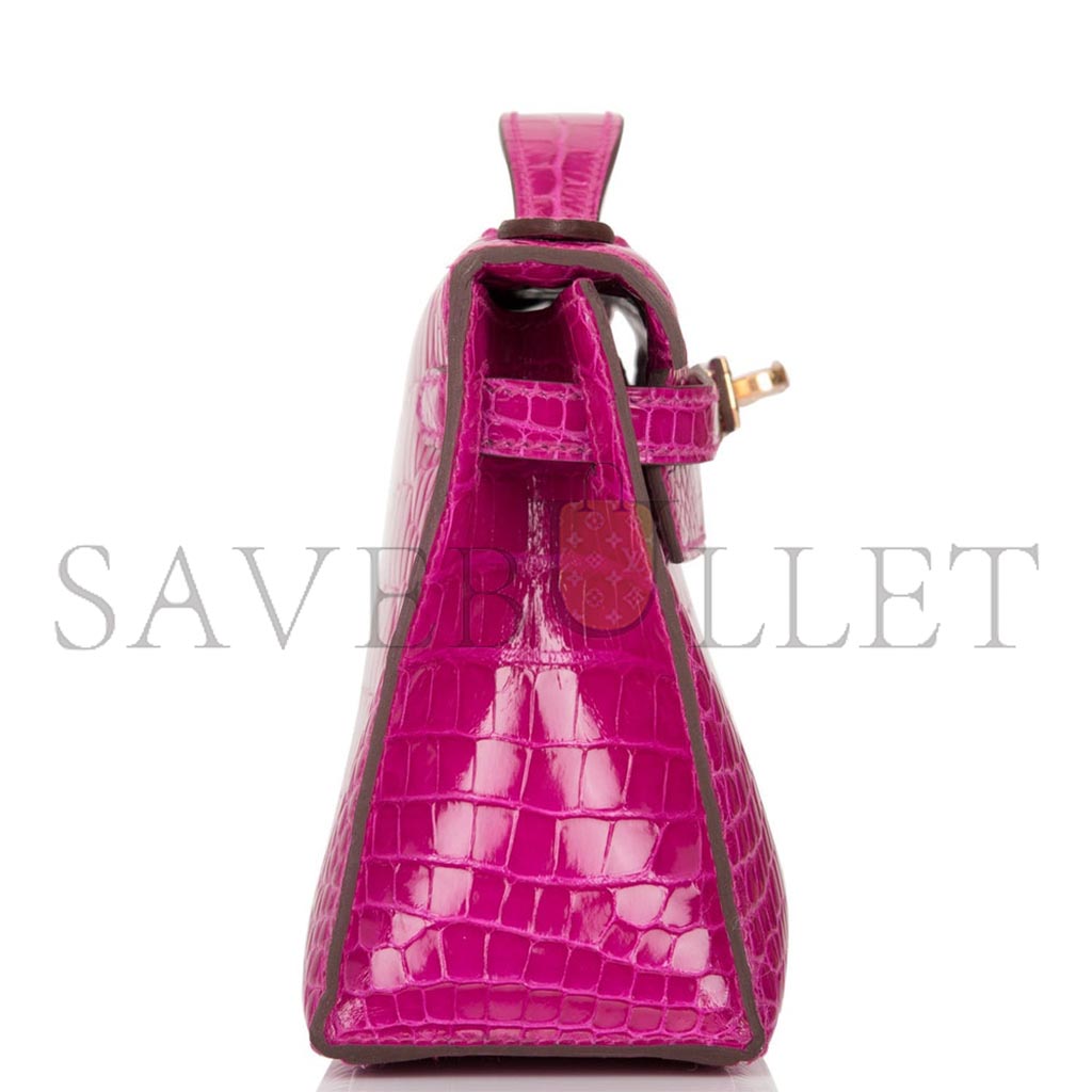 HERMÈS MASTER ROSE SCHEHERAZADE SHINY ALLIGATOR MINI KELLY POCHETTE GOLD HARDWARE (22*14*7cm)